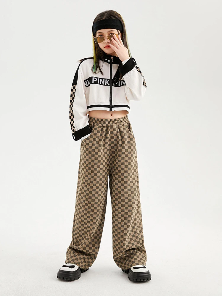 Moderne Tanz Kleidung Für Mädchen Jazz Crop Mantel Karierten Hosen Mode Hip Hop Leistung Outfit Kpop Konzert Bühne Tragen BL9677