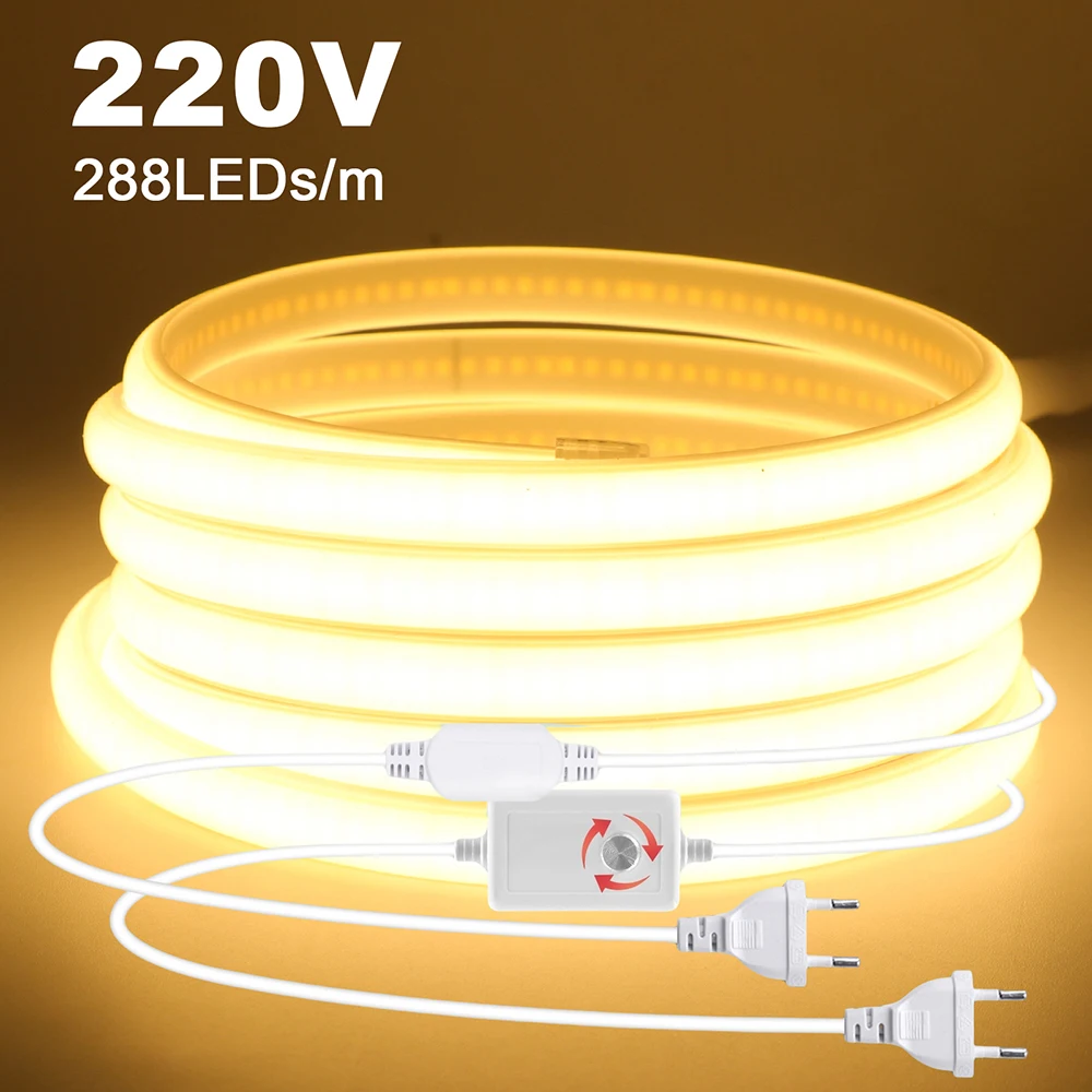 Dimmerabile COB LED Neon Strip Light 220V Interruttore Dimmer Kit di alimentazione 3000K 4000K 6000K RA90 0.5-30M 288LED/m Nastro flessibile impermeabile