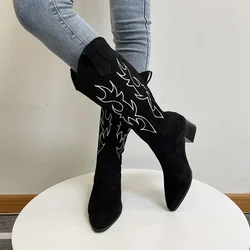 Embroidered Cowboy Boots for Women Knee High Midium Chunky Heel Pointed Toe Retro Classic Western Cowgirl Boots