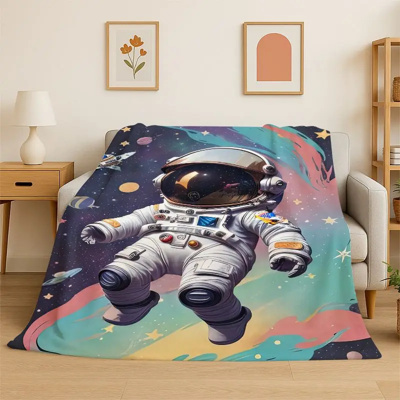 Cartoon Astronaut Spaceman Planet Flannel Blanket Soft Throw Blanket for Bedroom Living Room Bed Travel Camping Nap Cover Gift