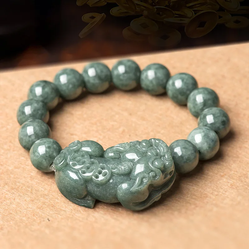 Natural a Cargo Three Gold Money Pixiu Ice-like Beads Bracelet Men's and Women's Four-Party Jade