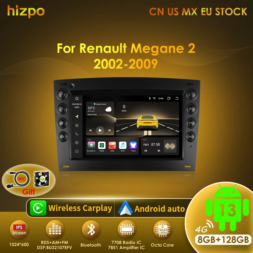 Hizpo 2Din Android 13 Car Radio Stereo Multimedia For Renault Megane 2 2002-2009 Video Player Navigation GPS Head Unit Carplay