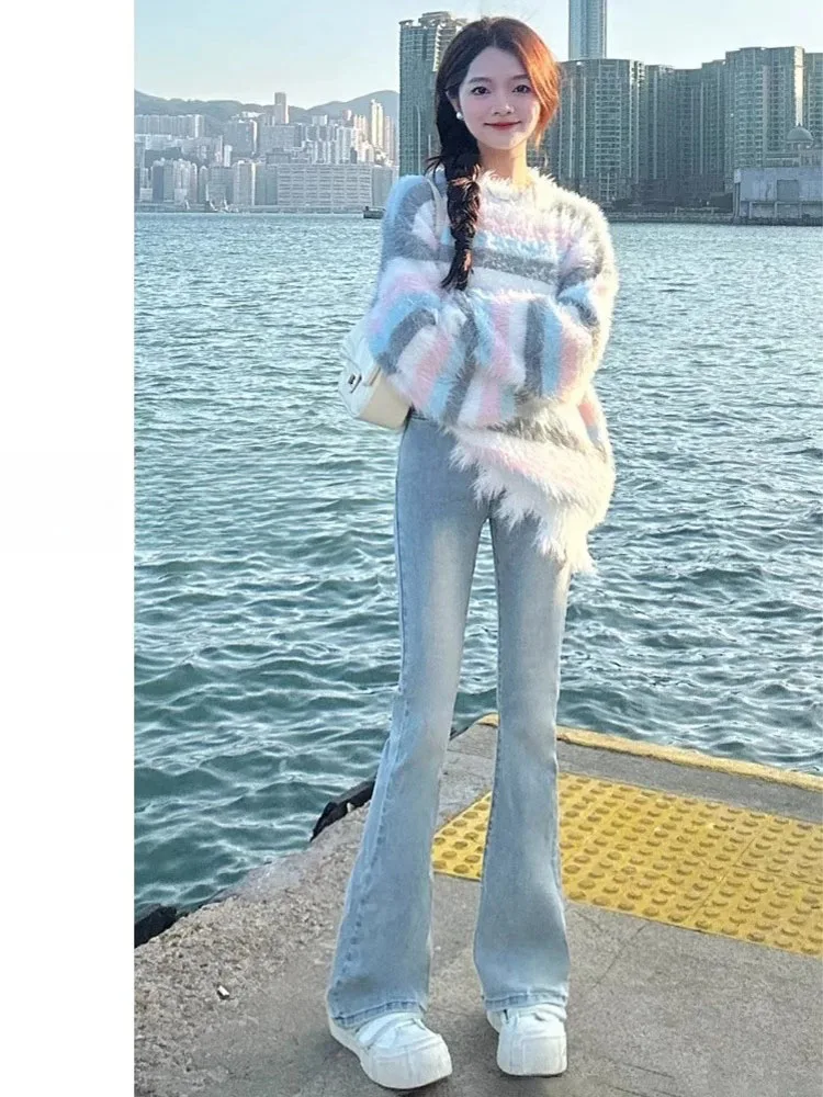 

Легкие джинсы-колокольчики в стиле ретро, женские большие размеры, утягивающие расклешенные брюки с высокой талией, хлопковые эластичные джинсовые брюки Bootcut