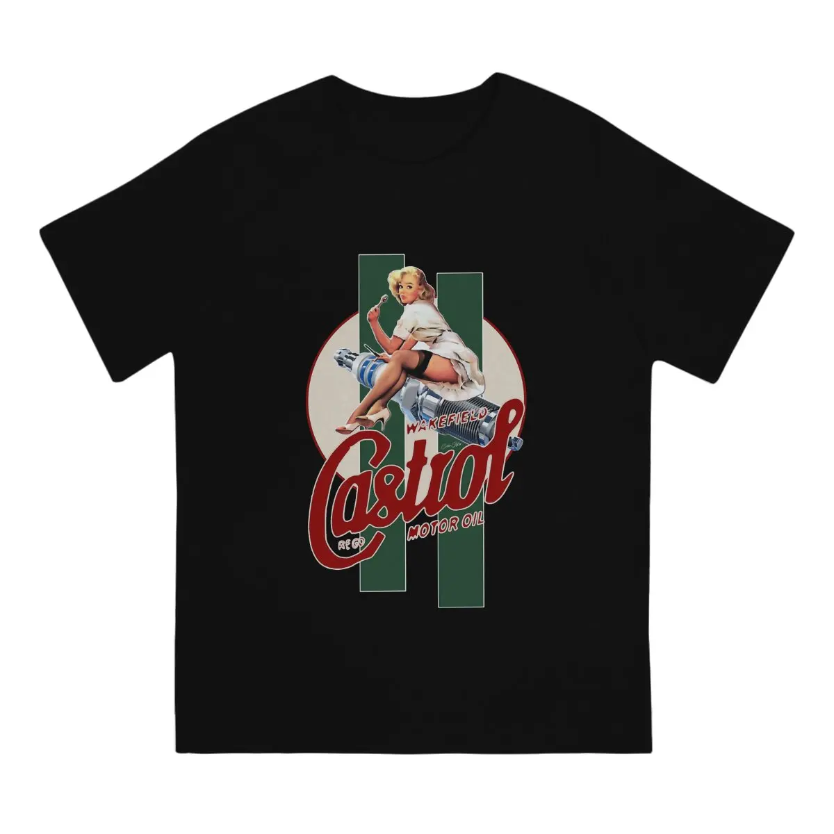 Castrol Vintage Pin Up Girl Classic Stripes Polyester T Shirt Vintage Homme Men's Tshirt O-Neck Streetwear