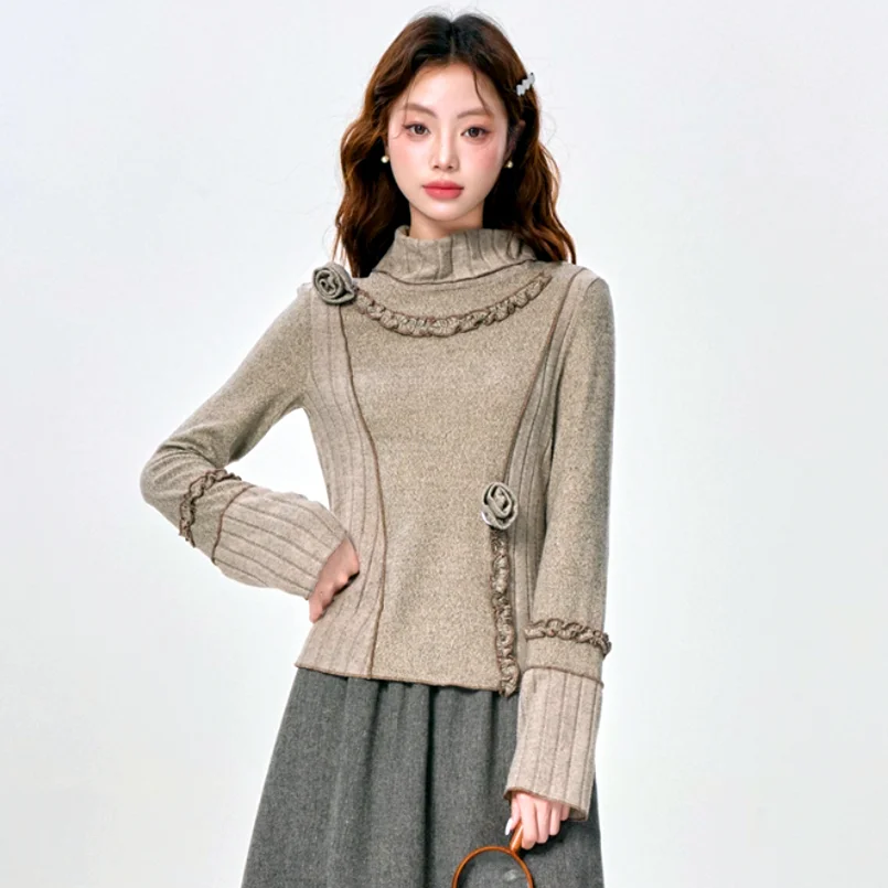 

Women Autumn Winter Basic Turtleneck Knitted Sweaters Casual Ruffles Spliced Pullovers Casual Sweaters Knitwear NZ240