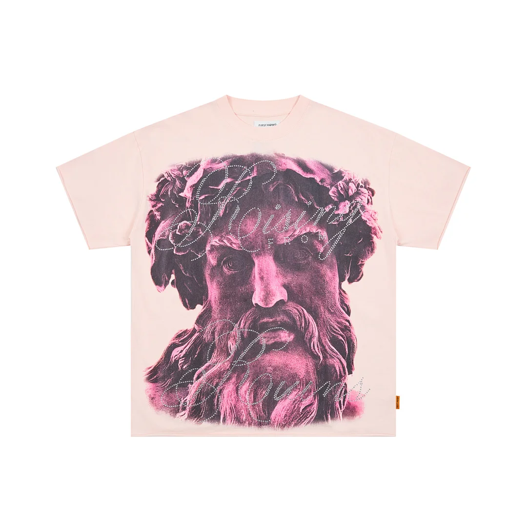 Unisex Rhinestone T Shirt FIRST ROW Jesus Print Tees Y2K Retro Hip hop Streetwear Oversized Loose Casual Short Sleeve Top Tees
