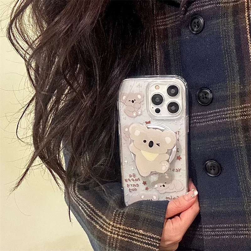 Magnetic cartoon splashed ink koala phone case with holder For iPhone 11 12 13 14 15 16 pro max