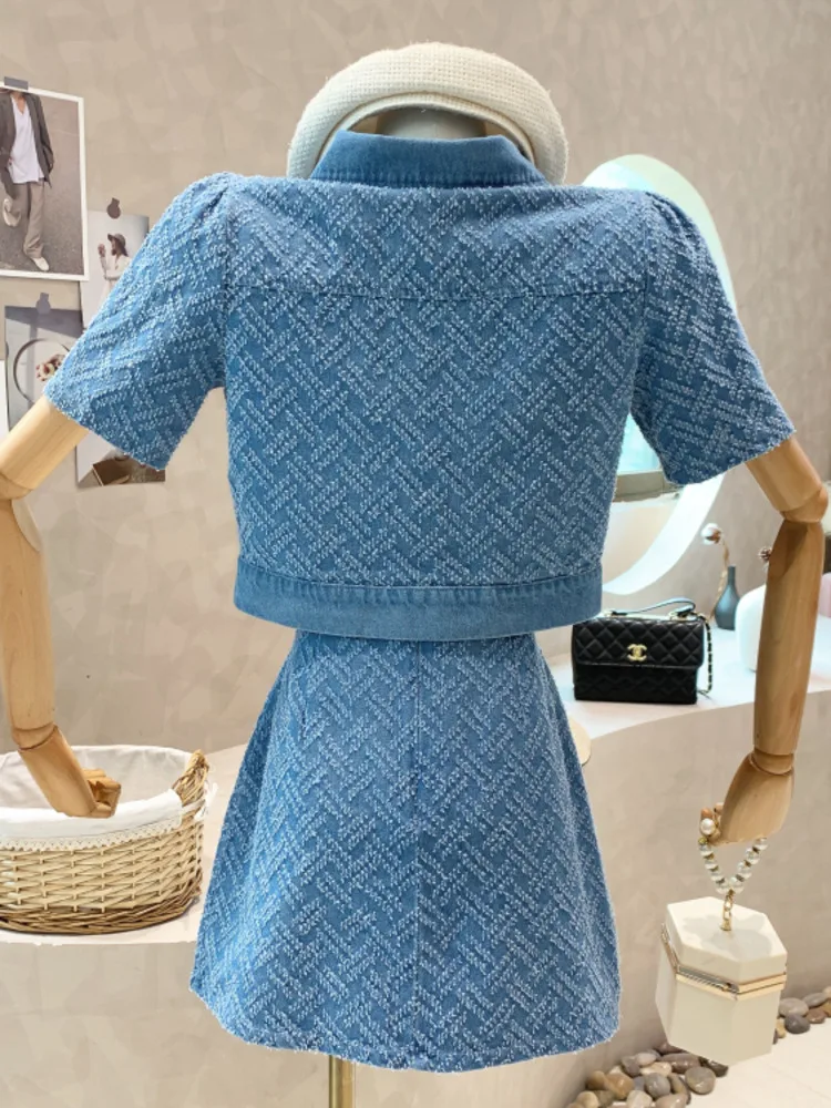 2024 Summer New Street Fashion Women\'s Suit With Skirt Denim Short Sleeve Top Sweet Girl Female Blue Plaid Skirt 2 Piece Set