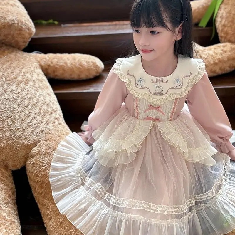 

Winter Girls Spanish Lolita Princess Lace Pink Embroidery Ball Gown Bow Sweet Birthday Kids Party Easter Eid Mesh Dresses