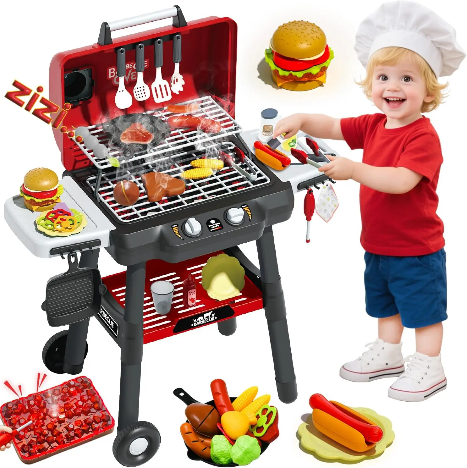 Kids Grill Playset BBQ Toy Grill with Smoke Sound Light Wheel Pretend Play Kitchen Toys for Toddlers Barbecue Play Food Gifts