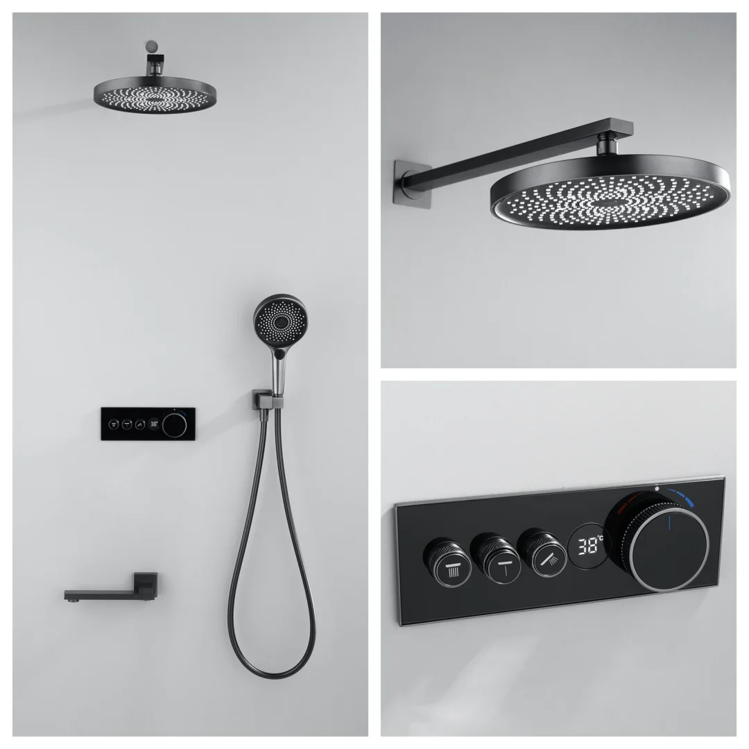 

Brushed Gold Thermostatic Bathroom Shower Faucet In Wall Bath and Shower Faucet Set Gray Bathroom Mixer Bath and Rainfall Shower