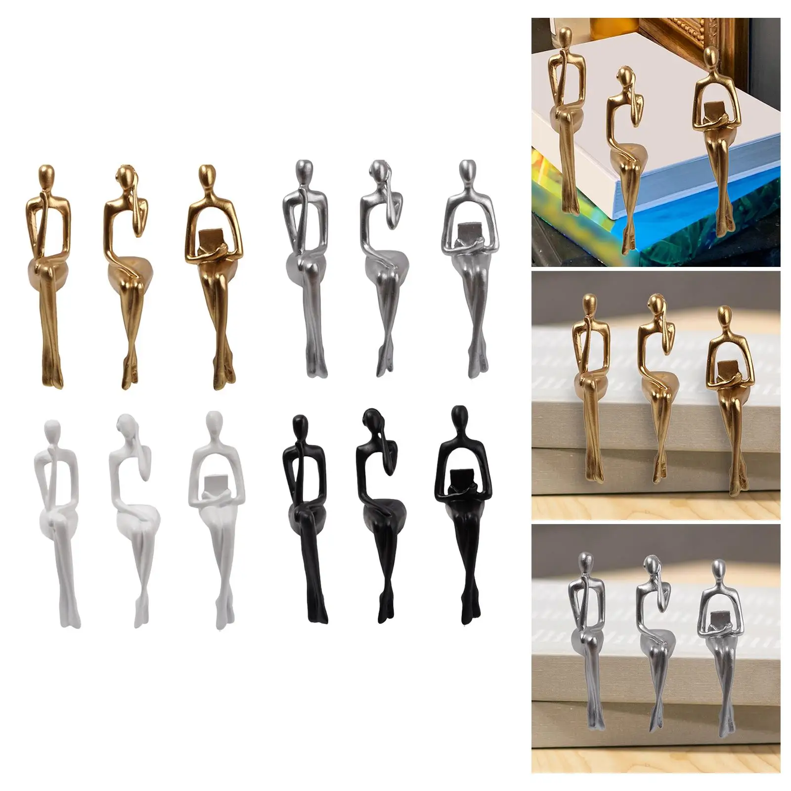 3x Sitting Thinker Statue Abstract Creative Ornament Resin Crafts Sculpture for Home Tabletop Bookcase Decor Collection