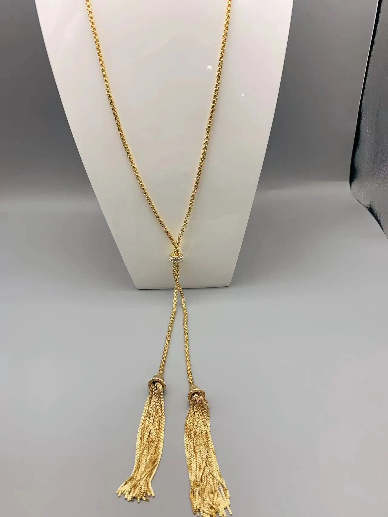 Le Han Jewelry 18k Gold Plated Tassel NecklaceFor Women With Clear Zirconia Box  Chain