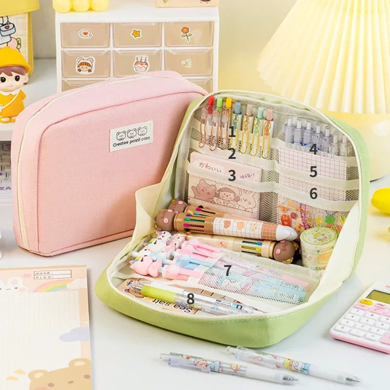 

8-Layer Large Capacity Pencil Case Kawaii Canvas 90° Opening High-quality Pen Bag Stationery for Students Stationery Supplies