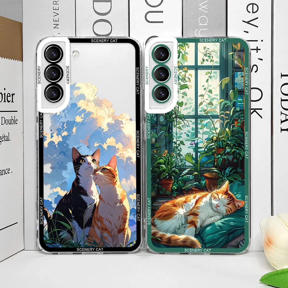 Landscape Creative Cloud Sunset Cat Phone Case for Samsung A55 A54 A53 A51 A70 A32 A31 A13 4G 5G Clear Soft Cover Scenery Fundas