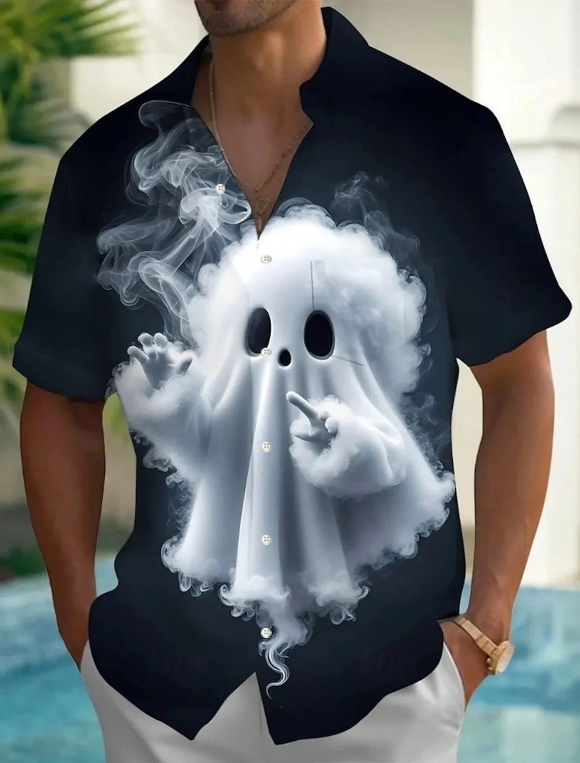 

Мужская рубашка с дымчатым призраком на Хэллоуин, летняя рубашка на пуговицах с коротким рукавом, праздничная уличная одежда в стиле панк в готическом стиле