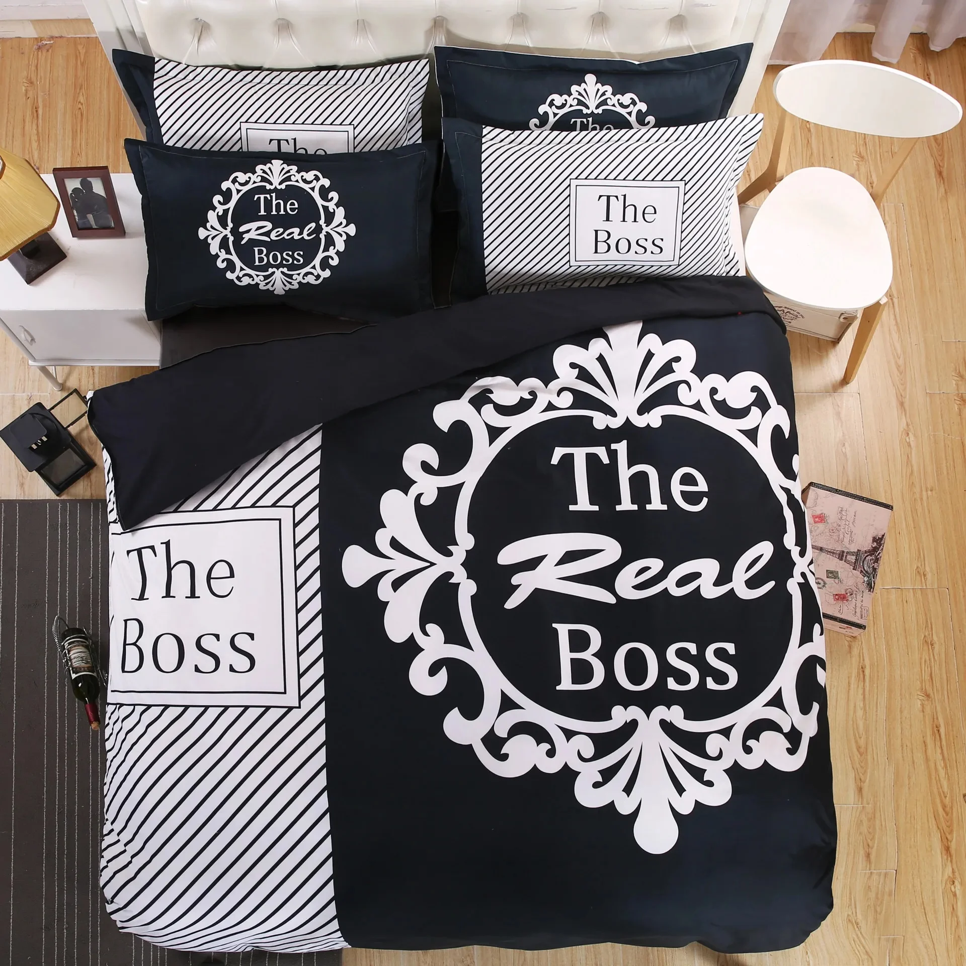 Big Boss Black N White His Her Valentine Bedding Set Duvet Cover Pillow Case King Queen Size Bed Linen Set