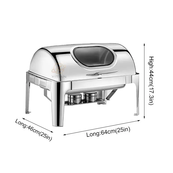 Restaurant 201 Stainless Steel Glass Lid Chafing Serving Heater Rectangular Roll Top Chafing Dish Buffet Set Set