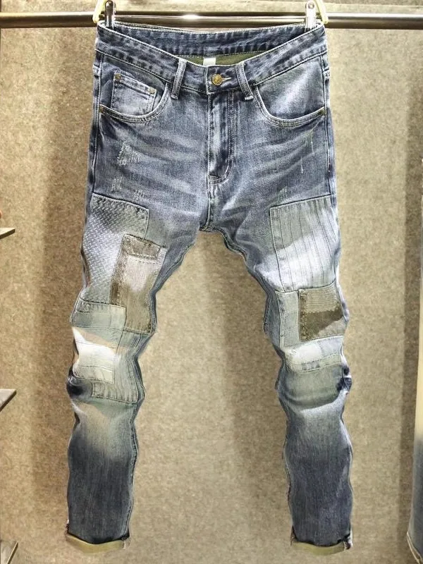 

Мужские джинсы в стиле ретро, модные, облегающие, в стиле High Street, с эффектом потертости, в стиле пэчворк, повседневные, прямого кроя