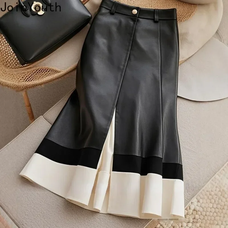 Leather Skirt Women Temperament Jupe Hig Waist Patchwork Ruffles Tunic Saia 2024 Faldas Mujer De Moda Vintage Bodycon Skirts