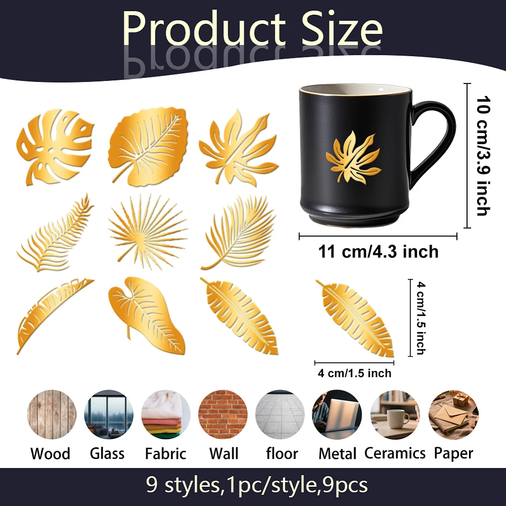 9Pcs Golden Self Adhesive Stickers 1.5 Inch Plants Leaves Metal Decals Broadleaf Waterproof Decorate Sticker for Scrapbooks DIY