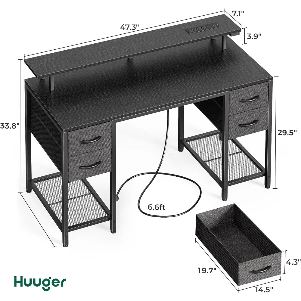 47 inch Computer Desk with 4 Drawers, Gaming Desks with LED Lights & Power Outlets, Home Office Desk with Large Storage Space