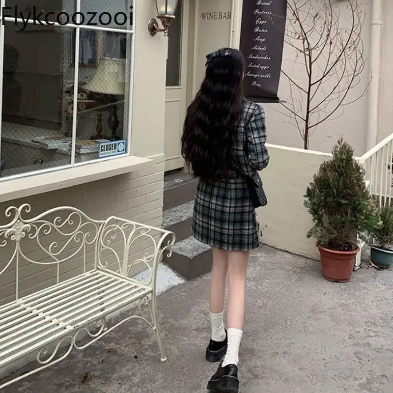 Preppy Suit Spring and Autumn Style Retro Niche Age-reducing Plaid Winter Skirt Two-piece Set Conjuntos Feminino Elegante