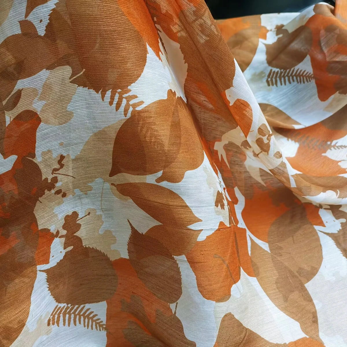 1 meter X 1.4 meter Brown Leaf Print Silk Linen Gauze Fabric Slubbed Flax Silk Lining Dress Material