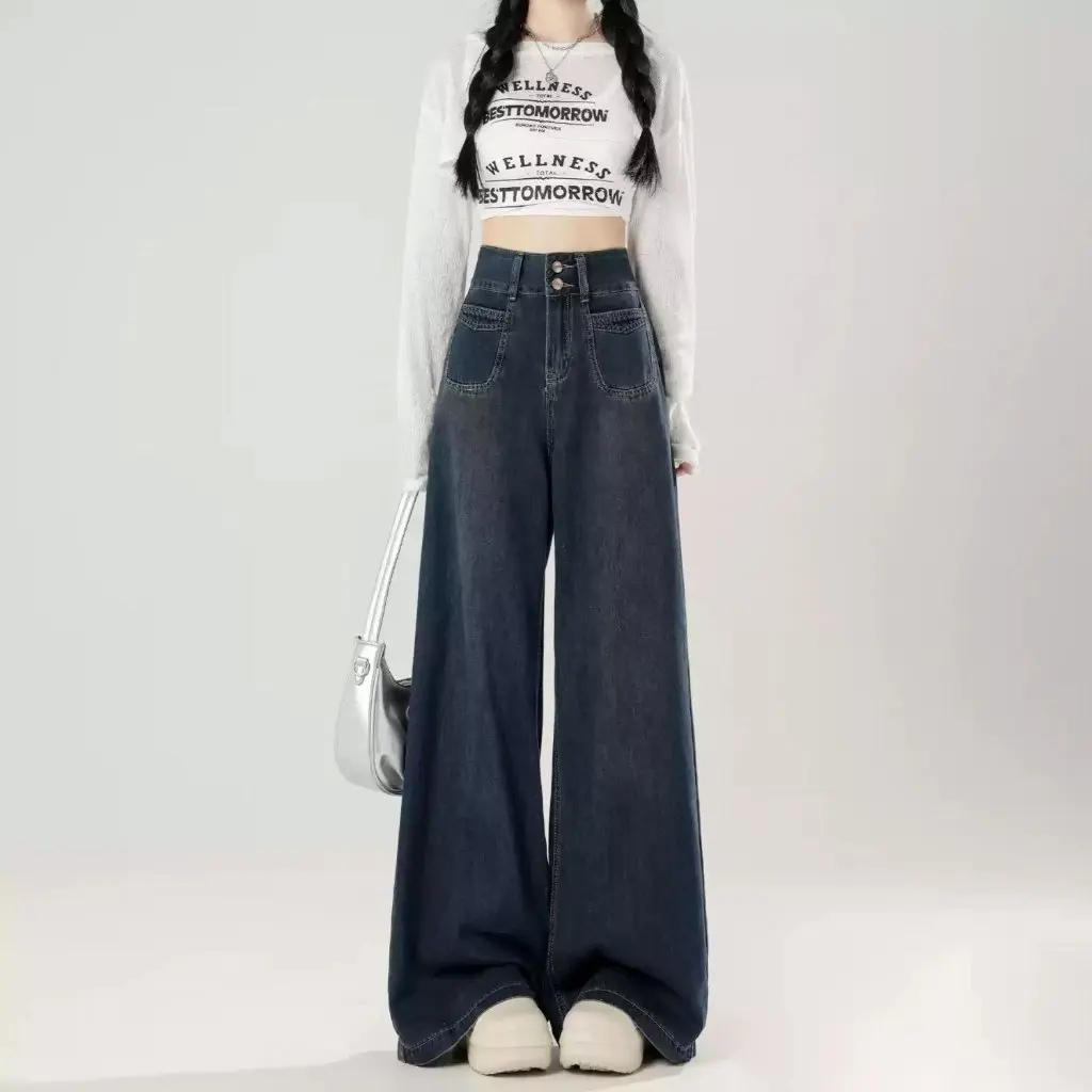 Women's High Waist Wide Leg Jeans American Style Retro plus Size Loose Slim-fit Pants for Spring And Autumn