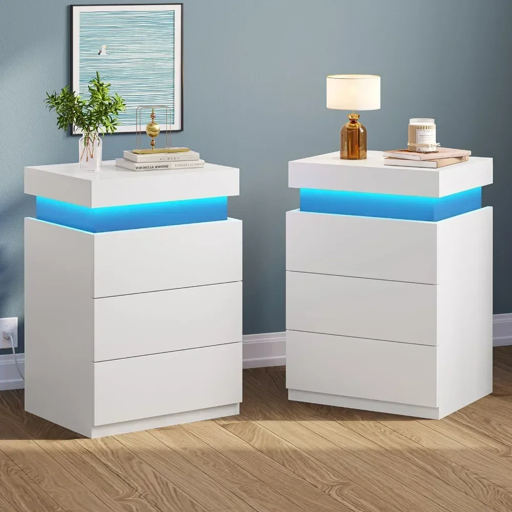 LED Nightstands Set of 2, Nightstand with Charging Station and Sliding Top,Bedside Table with Power Outlets & Drawers