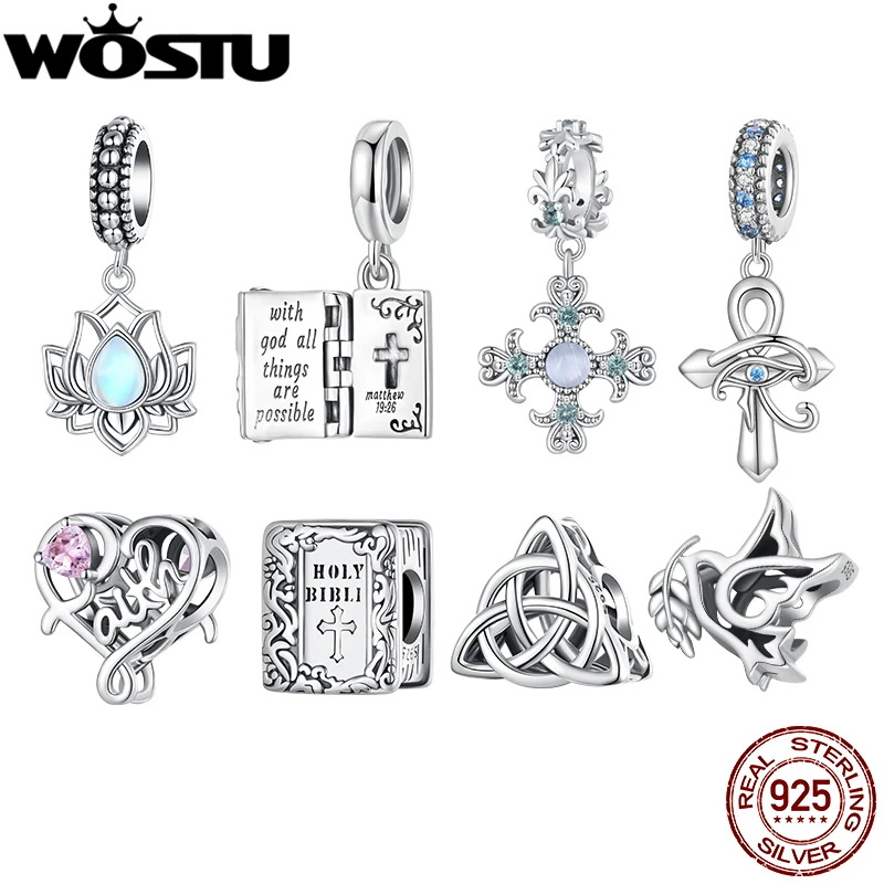 WOSTU 925 Sterling Silver Religijna otwierana książka biblijna Urok Krzyż Wiara Wisiorek Celtic Knot koralik Bransoletka DIY Prezent rodzinny