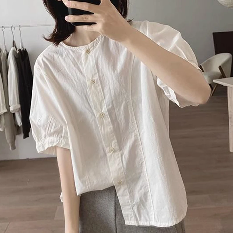 Women\'s Trendy Simple Casual Button Up Shirt Vintage O Neck Short Sleeve Blouse Solid Loose Cotton Tops 2024 Summer Blusas Mujer