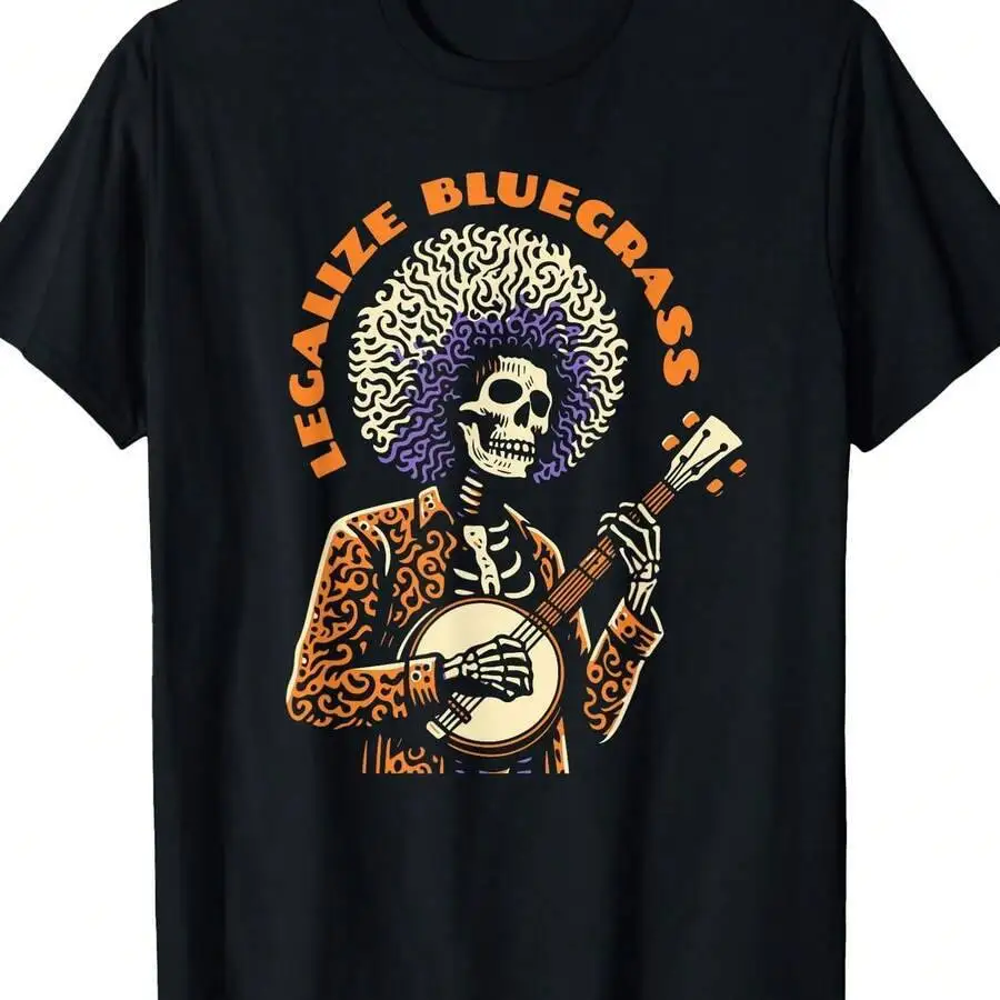 Men's Legalize Skeleton Man T-Shirt Bluegrass Music Festival Tee With Banjo Player & Musical Notes Design, Short-Sleeve Crew 100% Cotton Trendy Y2K Short-Sleeve Tee-Soft, Quick-Drying, Moisture-Wicking;  Great Gift for Christmas or Halloween.