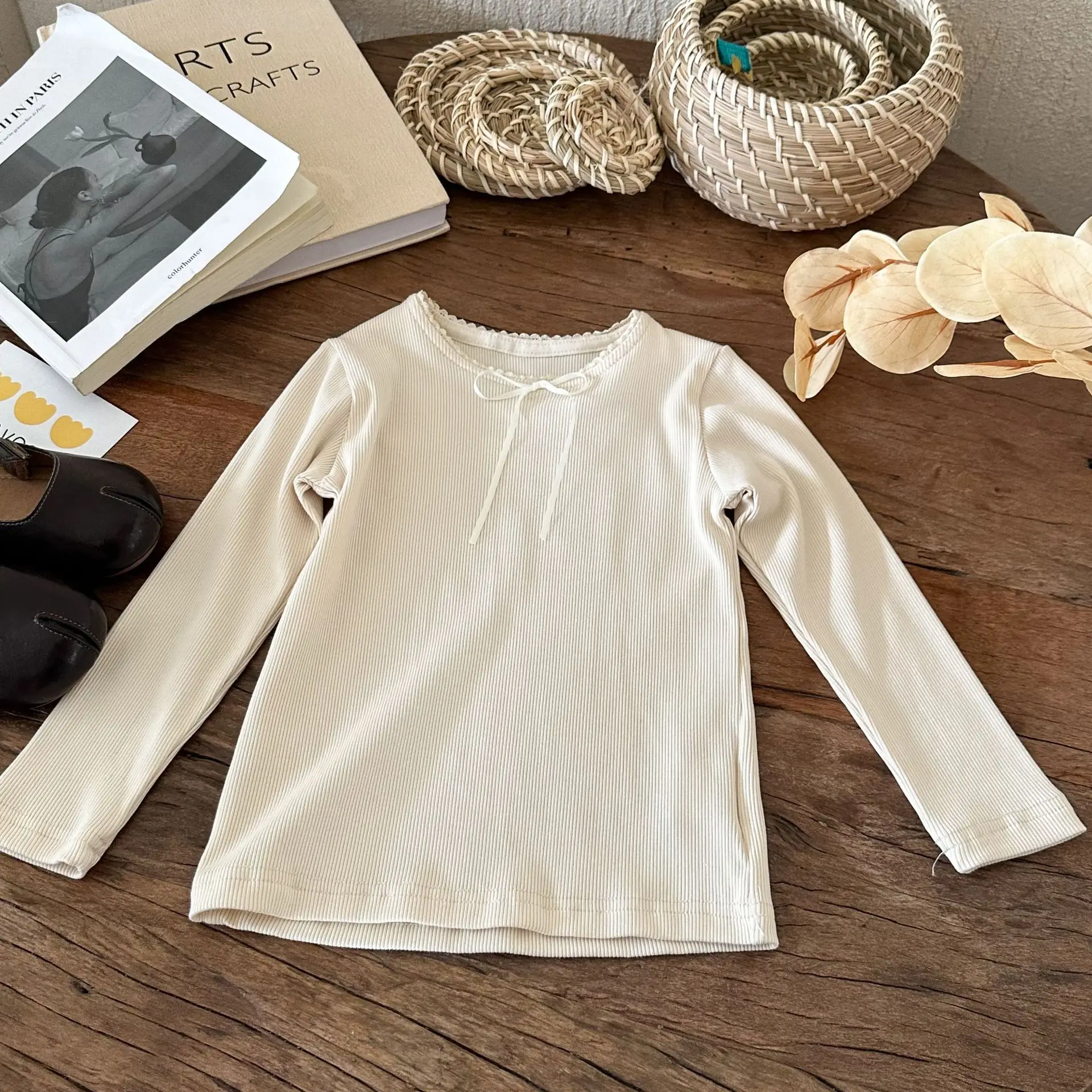 Children Clothes Kids Casual Girls Lace Collar T Shirt 2024 Autumn New High Elastic Long Sleeve Solid Color Fashion Bow T Shirt