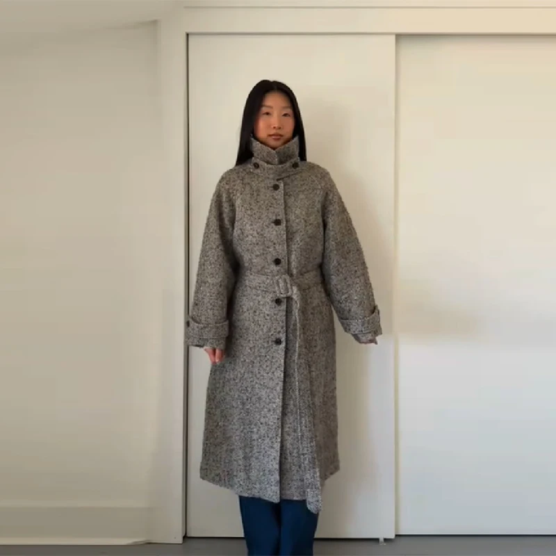 

Houndstooth Women Winter Coats Waisrband High Collar Single Breasted Woolen Blend Outerwear 2025 New Fashion Lady Overcoats