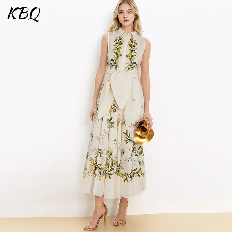 

KBQ Hit Color Printing Dresses For Women Lapel Sleeveless High Waist Patchwork Lace Up Elegant Dress Female Fashion Clothing New