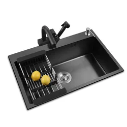 Pia de cozinha preta nano pia única tigela lavatório acessórios de cozinha conjunto de drenagem de aço inoxidável montagem superior/drop-in/ undermount