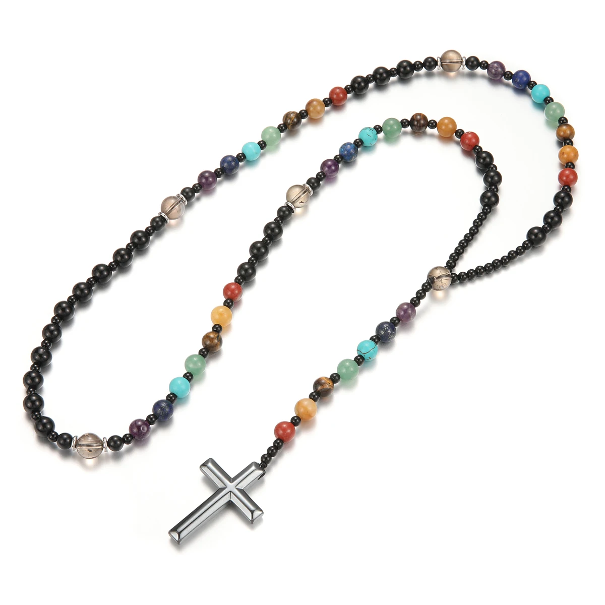 8mm colorful Beads Chakra Cross Pendant Necklace for Men and Women Jewelry Gift
