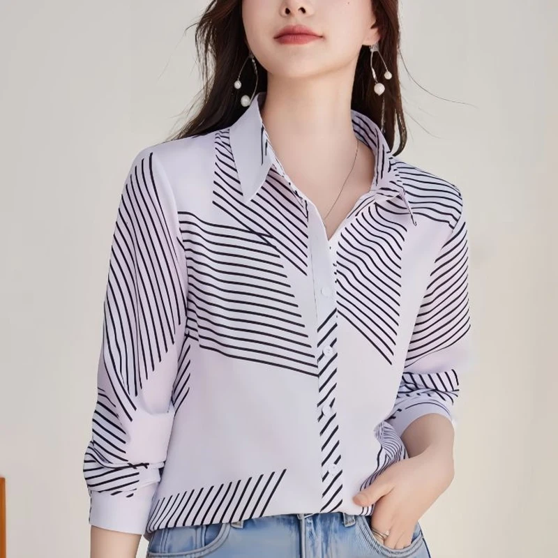 Spring Autumn Turn-down Collar Fashion Long Sleeve Shirt Women High Street Casual Striped Button Cardigan Elegant All-match Tops