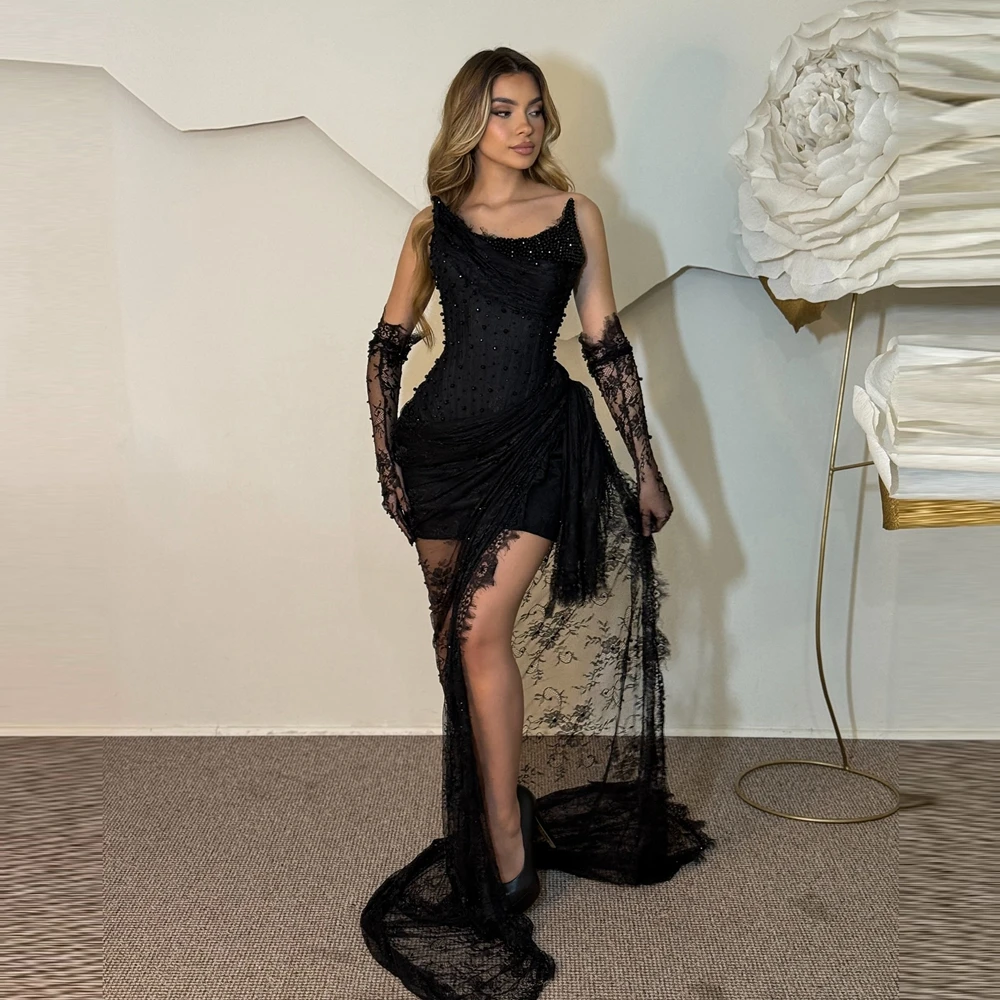 

Pretty Lace Appliquqes Evening Gown NO Gloves Chic Strapless Sequin Lace Cocktail Party Dress High Slit Long Train Prom Dresses