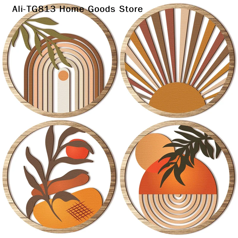 

[TG813]4Pcs Wooden Wall Bohemian Wall Art Farmhouse Bohemian Country Yard Decoration Round Shape Wall Hanging Decor