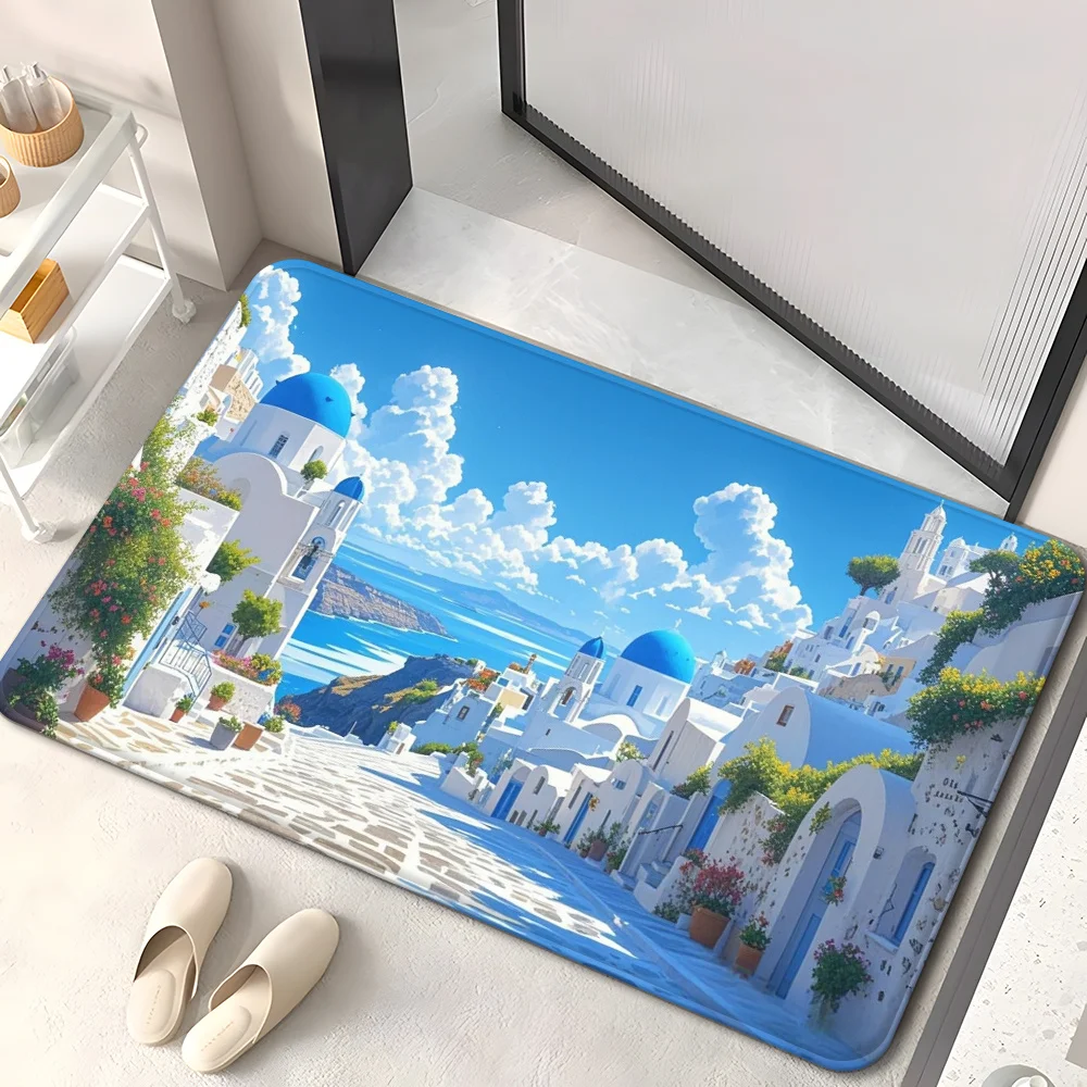 VIKAMA Santorini Scenery Entryway Rug Greek Blue Dome Building Ocean View Floral Print Non‑slip Washable Indoor Doormat Rug