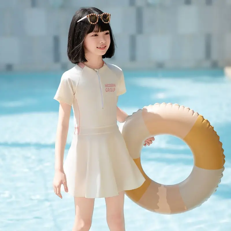 

Летний купальник для девочек, цельный, с мультяшным принтом, однотонный, эластичный, милый, в виде платья