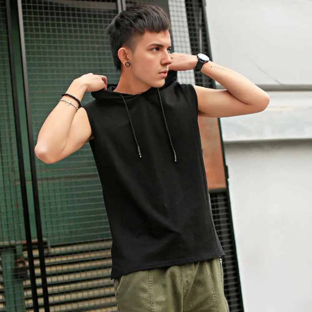 Men Vest Hooded Adjustable Drawstring Sleeveless Summer Vest Wide Shoulder Straps Pure Color Quick Drying Sports Tops