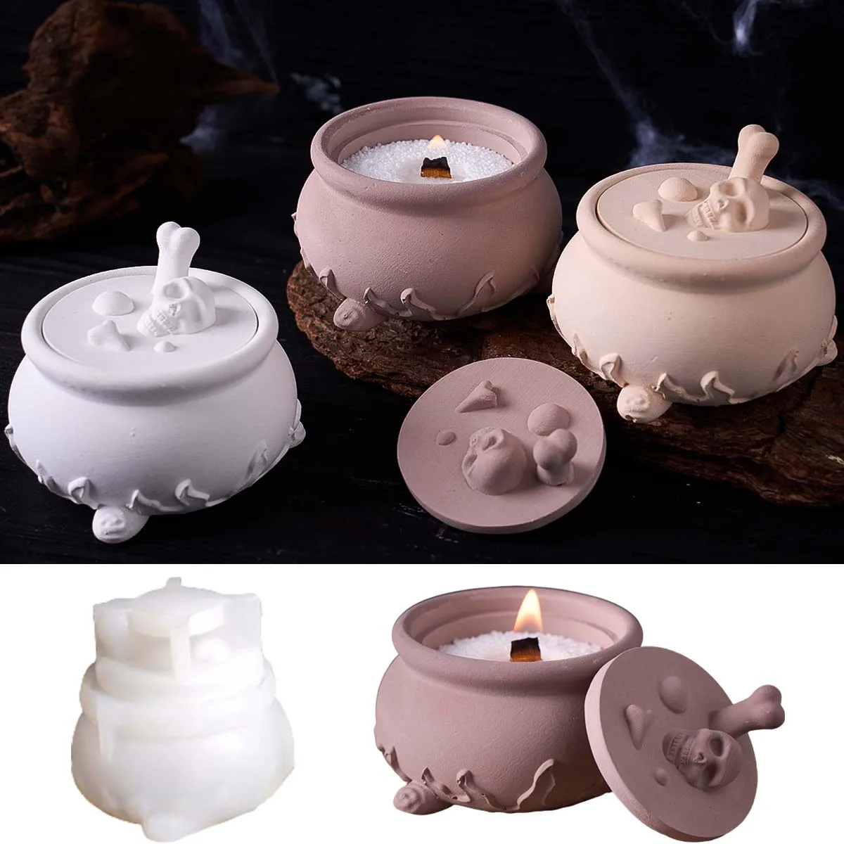 DIY Halloween Skull Candle Jar Silicone Mold Set Creative Concrete Plaster Pouring Round Candle Cup Resin Mold Craft Making Tool