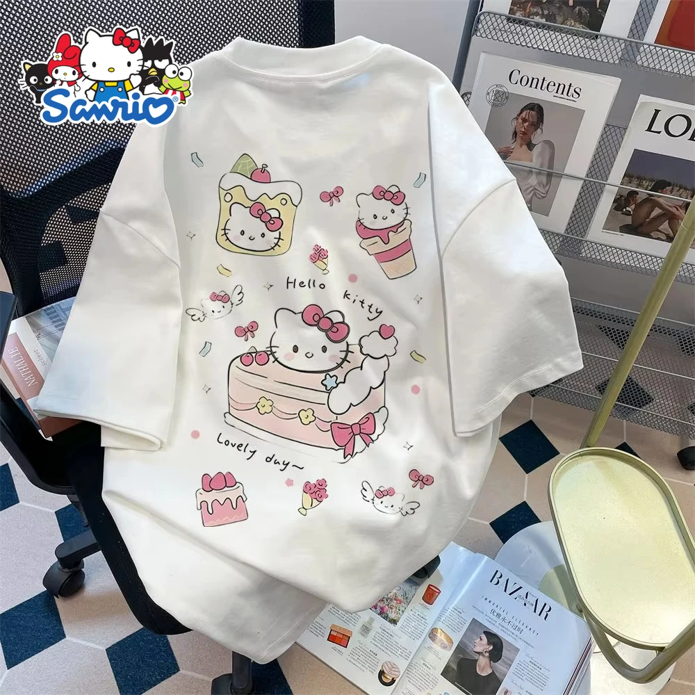 Hello Kitty, милая футболка с мультяшным принтом Sanrio, новая летняя женская хлопковая футболка больших размеров, свободный повседневный модный топ с короткими рукавами