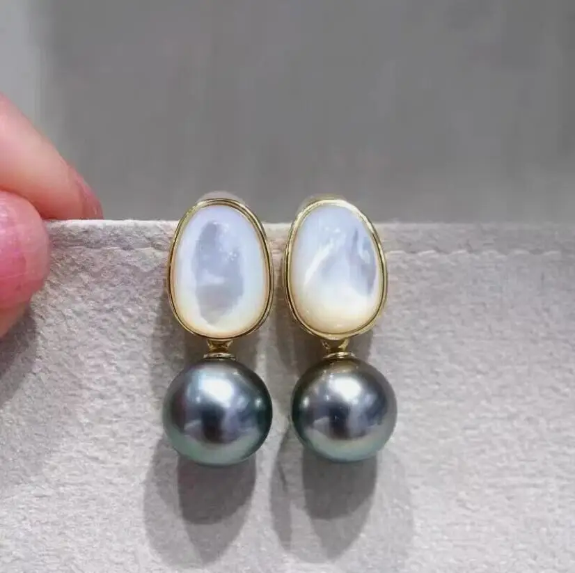 

stunning 10-11mm tahitian round black green pearl dangle earring 925s