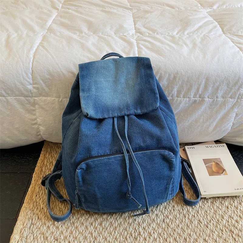 Denim Backpack Women Retro Drawstring School Bag Casual Jean Rucksack Large Capacity Travel Daypack with Front Pocket for Daily