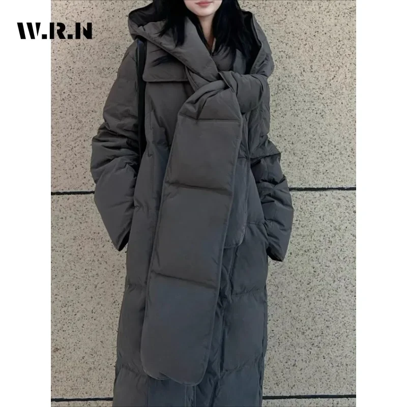 ผู้หญิงลําลองHooded Maxi XยาวParkas JacketสีทึบแขนยาวOuterwear 2024 ฤดูหนาวLace-Up Single Breasted Warm Coat