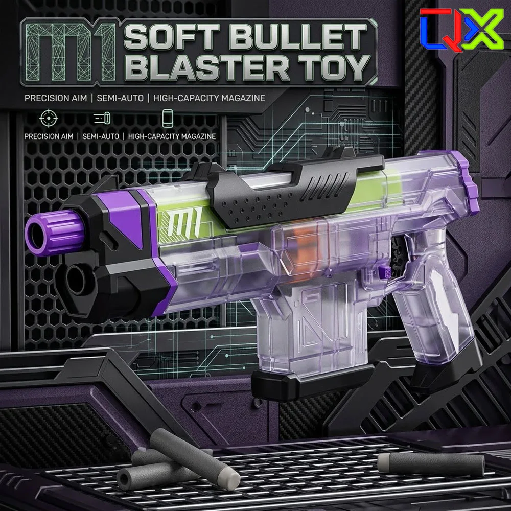 M1 Soft Bullet Blaster Toy Manual Bolt Action Shell Ejection Soft Bullet Toy Model with Double Magazine Kids Outdoor Game Gift